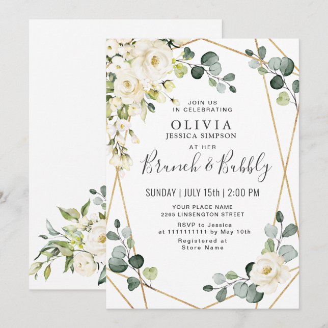 Convite Rosa Branca Eucalipto Greenery Brunch & Bubbly (Frente/Verso)