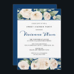 Convite Rosa Branca Floral no Marinho Azul Doce Dezesseis<br><div class="desc">As rosas brancas elegantes e bonitas estão aninhadas em folhas verdes sagradas. O fundo azul marinho os enquadra à perfeição. O nome da aniversariante está escrito em um script clássico no mesmo azul marinho. O restante do texto é uma fonte serif tradicional. O marinho e a combinação branca fazem dele...</div>