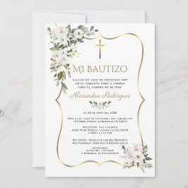 Convite Rosa Branca Lírio Bautizo Con Flores Dourado Batis