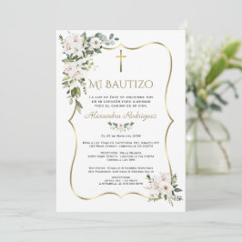 Convite Rosa Branca Lírio Bautizo Con Flores Dourado Batis