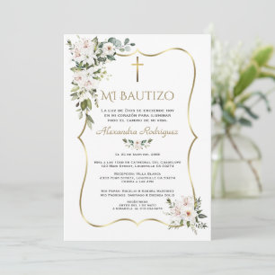 Convite Rosa Branca Lírio Bautizo Con Flores Dourado Batis