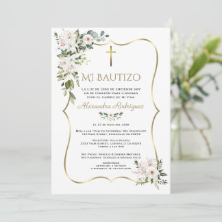 Convite Rosa Branca Lírio Bautizo Con Flores Dourado Batis