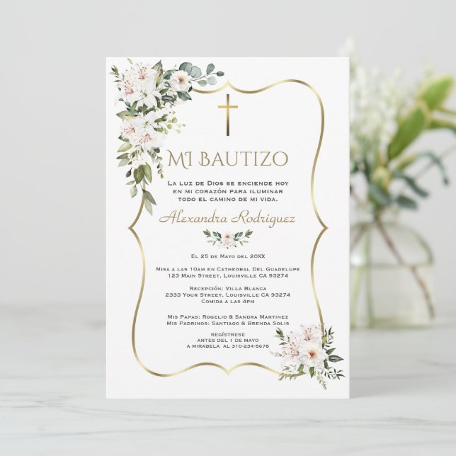 Convite Rosa Branca Lírio Bautizo Con Flores Dourado Batis (Em pé/Frente)