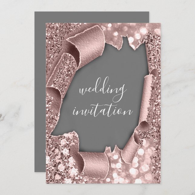 Convite Rosa Branco 3D Brilhante de Casamento Dourado em c (Frente/Verso)