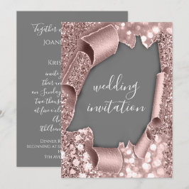 Convite Rosa Branco 3D Brilhante de Casamento Dourado em c