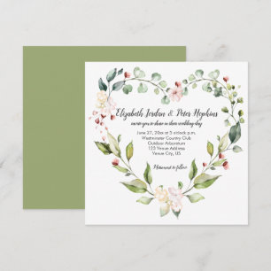 Convite Rosa Branco Verde Floral Coração Coroa de Flores C