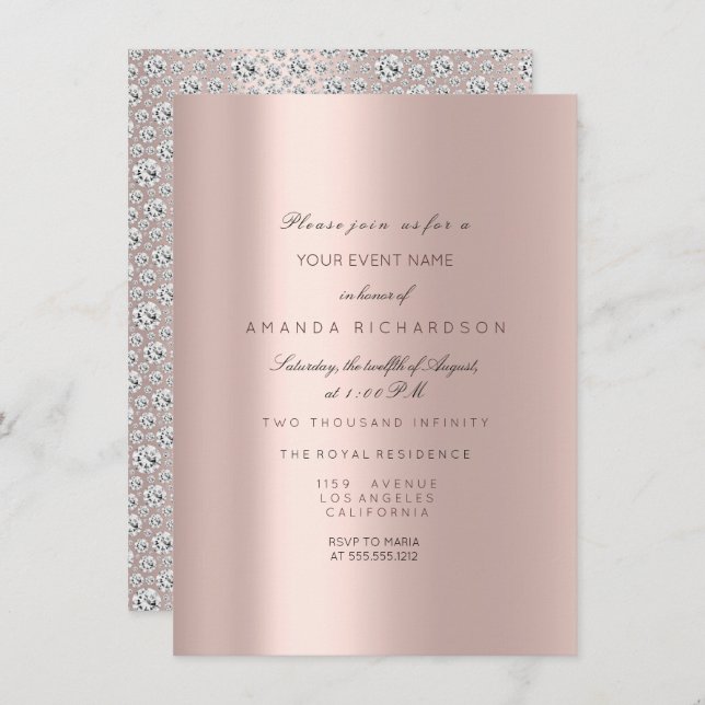 Convite Rosa Bridal Sweet 16 Pastel Rosa Diamante (Frente/Verso)