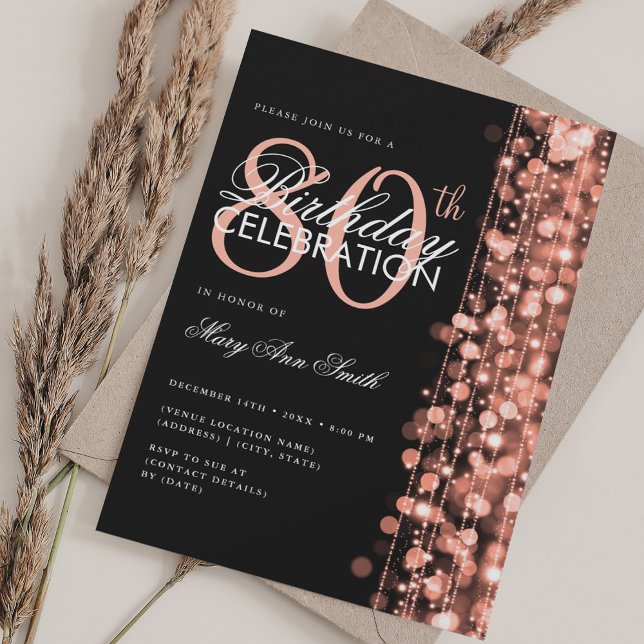 Convite Rosa brilhante de Festa de aniversário Elegante 80 (Elegant 80th Birthday Party Glam Sparkle Rose Gold Invitation)