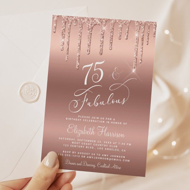 Convite Rosa brilhante Elegante Festa de aniversário Doura (Celebrate her 75 years of sparkle with an elegant rose gold glitter birthday party invitation)