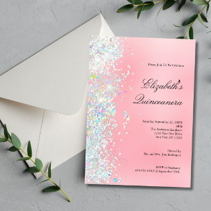 Convite Rosa Brilho Branco Brilho Glam Bling Quinceanera