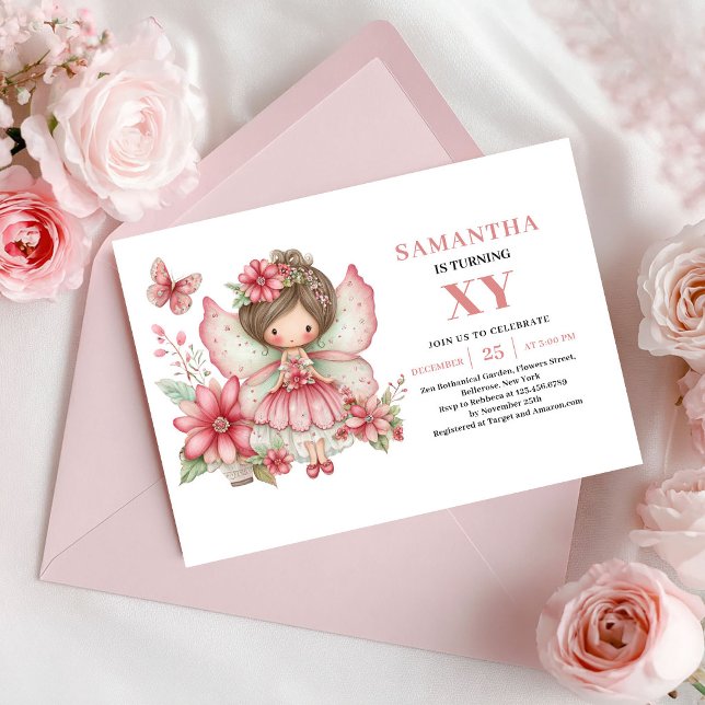 Convite Rosa Brilho de Aniversário de Menina Fada  (Magical Fairy Girl Birthday Blush Pink Invitation)