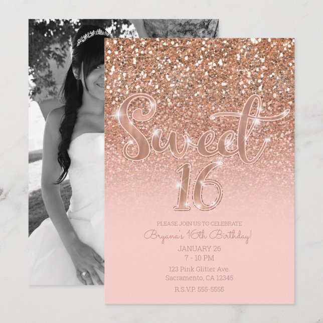 Convite Rosa Brilho Moderno Glam Glitter Doce 16 Foto (Frente/Verso)