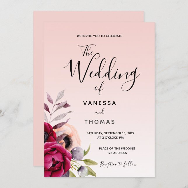 Convite Rosa burgundy roxo floral roxo, guião de casamento (Frente/Verso)