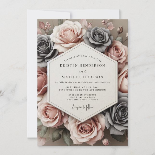 Convite Rosa Carvão Floração Atemporal Casamento (Frente)