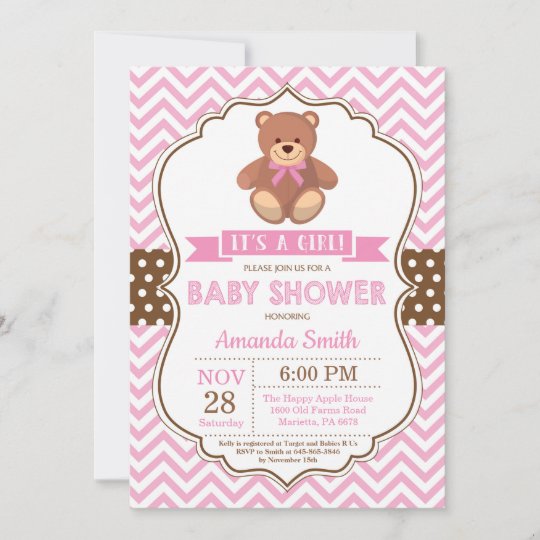 Convite Rosa Chevron Do Cha De Fraldas Da Menina Do Urso Zazzle Com Br