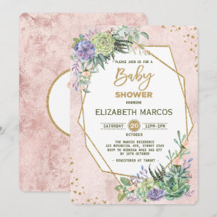 Convite Rosa Chic Dourado Fiesta Chá de fraldas Invite Geo