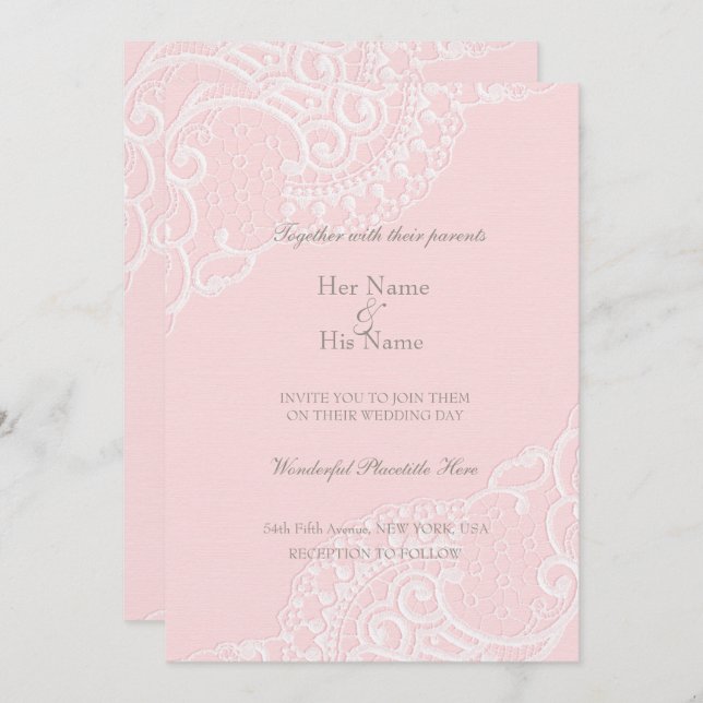 Convite Rosa Chique Vintage Elegante Renda Casamento (Frente/Verso)