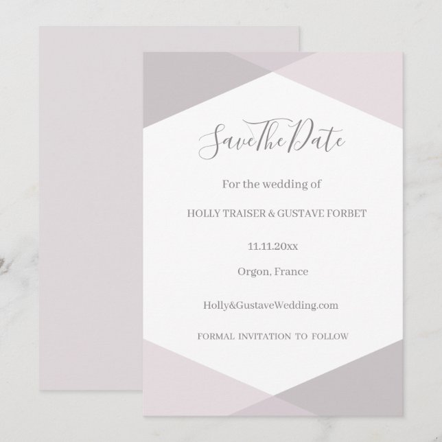 Convite Rosa Cinza Branco Hexágono Salve O Casamento Data (Frente/Verso)