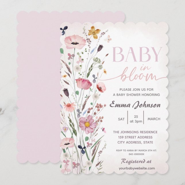 Convite Rosa claro bebê em Chá de fraldas de flor selvagem (Frente/Verso)