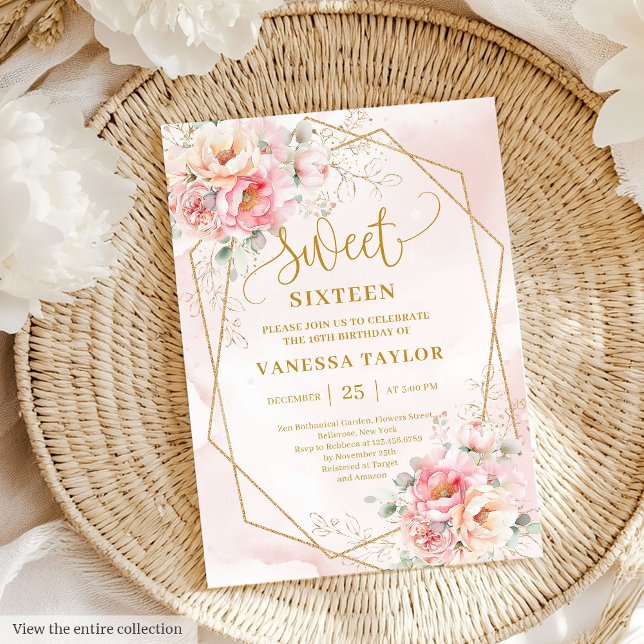 Convite Rosa claro elegante, idade Dourada Floral, 16 (Elegant Light Pink Sage Gold Floral Sweet Sixteen Invitation)