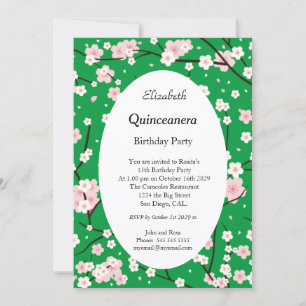 Convite Rosa claro Quinceanera Flores floridas Verde