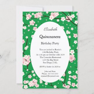 Convite Rosa claro Quinceanera Flores floridas Verde
