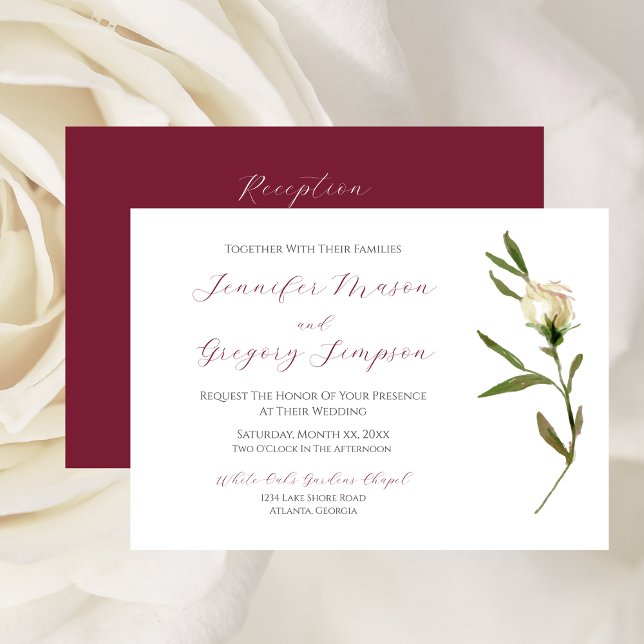 Convite Rosa com Amoreira Branca de Casamento (Wedding White Watercolor Rose with Cranberry Invitation)