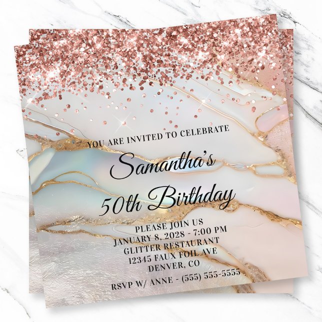 Convite Rosa com brilho Dourado Marbled Opal 50º Aniversár (Rose Gold Glitter Marbled Opal 50th Birthday Invitation)