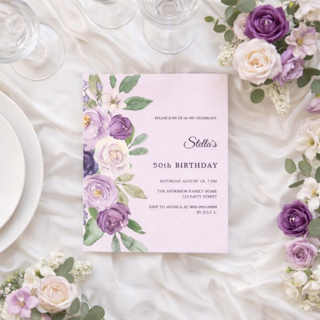 Convite rosa com flores de lavanda para aniversári (Criador carregado)