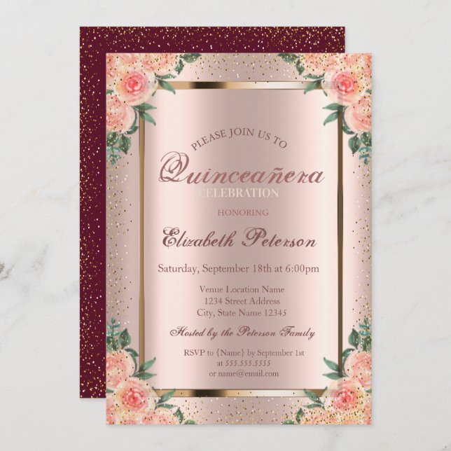 Convite Rosa Confetti Rosa Dourado, Quinceañera Burgundy (Frente/Verso)