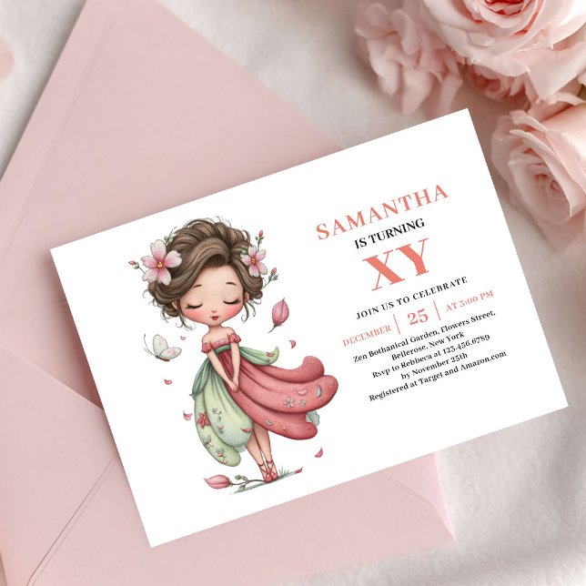Convite Rosa Cor de Blush para Aniversário da Garo (Graceful Fairy Girl Birthday Blush Pink invitation)