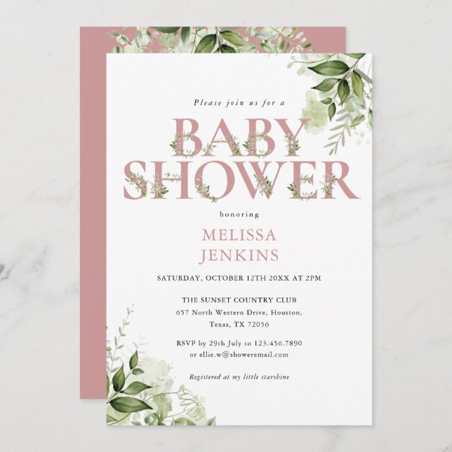 Convite Rosa cor-de-rosa,, cinza, Chá de fraldas (Frente/Verso)