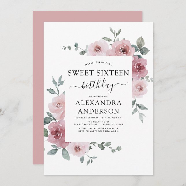 Convite Rosa cor-de-rosa doce 6 Festas de aniversário (Frente/Verso)