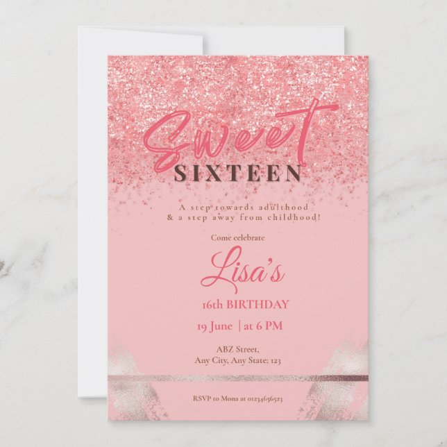 Convite Rosa cor-de-rosa doce dezesseis anos (Frente)