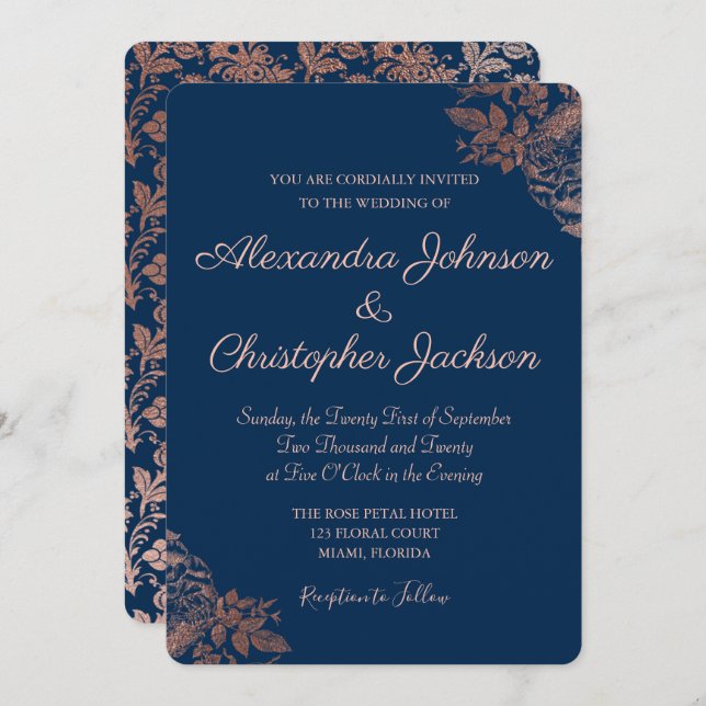 Convite Rosa, cor-de-rosa Dourada e Rosas azuis Marinhos C (Frente/Verso)