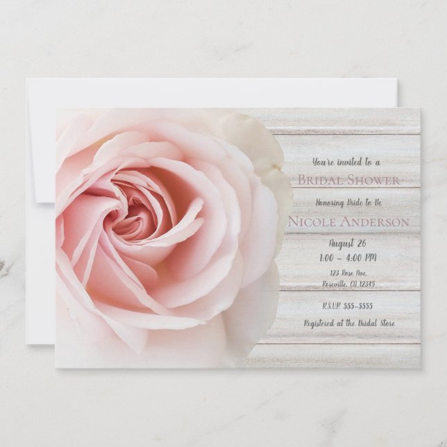 Convite Rosa Cor-de-Rosa e Madeira Branca Estilo Shabby Ch (Frente)
