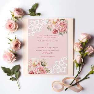 Convite Rosa cor-de-rosa, ouro floral, casado branco, de r