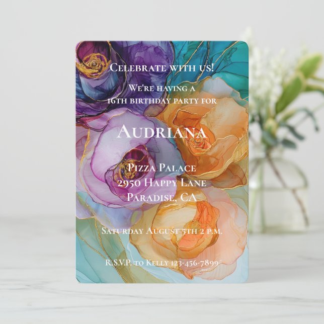 Convite Rosa Cor-de-rosa púrpura Amarelo Amarelo Aniversár (Em pé/Frente)