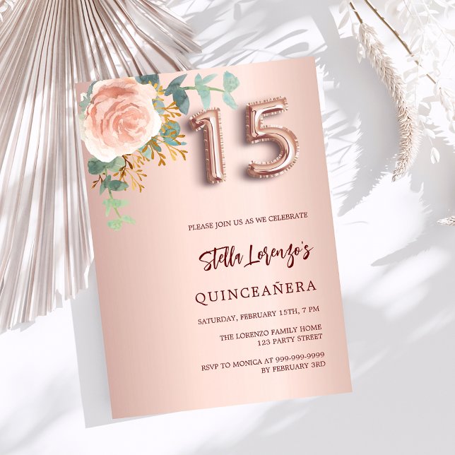 Convite Rosa cor-de-rosa verde floral Quinceanera (Criador carregado)