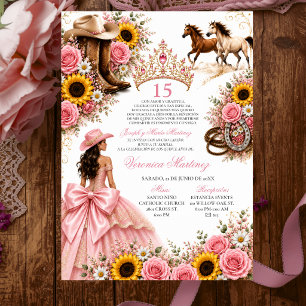 Convite Rosa Corada Girassol Rosa Vaquera Quinceañera