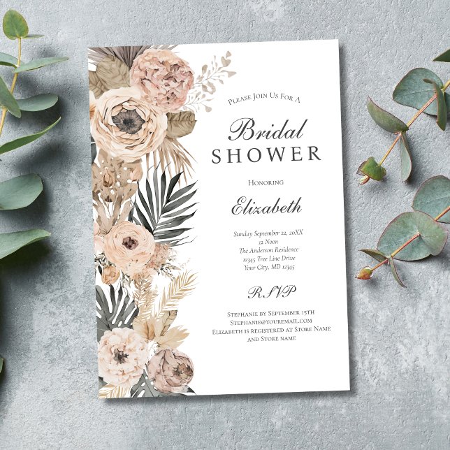 Convite Rosa Corado Bege Cinza Boho Chá de Noiva (Blush Pink Beige Gray Floral Botanical Boho Bridal Shower Invitation. Printed and  Digital download)