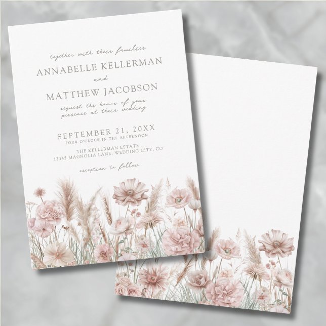 Convite Rosa Corado Botânico Boho Floral Casamento (Blush Pink Botanical Pampas Floral Boho Wedding Invitation)