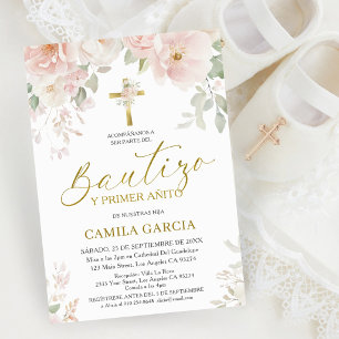 Convite Rosa Corado & Dourado Bautizo Espanhol e Primeiro