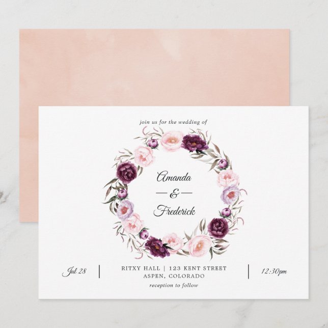 Convite Rosa Corado e Casamento de Veludo Profundo (Frente/Verso)