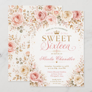 Convite Rosa Corado e Champagne Sweet Sixteen