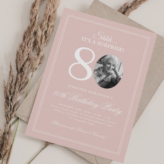 Convite Rosa Corado | Festa Surpresa de 80 Anos (Blush Pink | Surprise 80th Birthday Party Invitation)