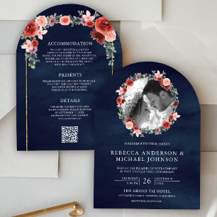 Convite Rosa Corado Floral Arco Foto Casamento Azul Marinh