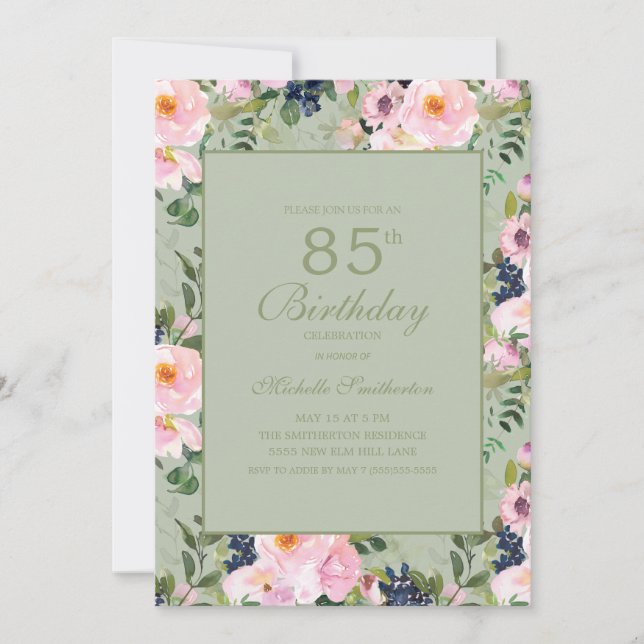 Convite Rosa Corado Floral Verde Menta 85º Aniversário (Frente)