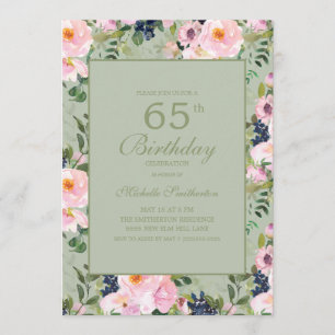 Convite Rosa Corado Floral Verde Menta Aniversário de 65 a