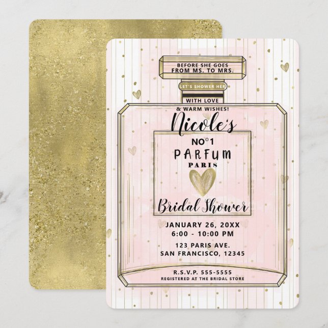 Convite Rosa Corado & Perfume Paris Dourado Chá de Noiva (Frente/Verso)